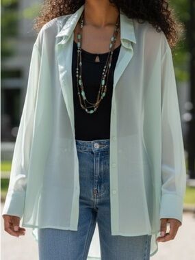 Mint Green Sheer Button Down Blouse Sz Lg Lightweight Chiffon Long Sleeve Top